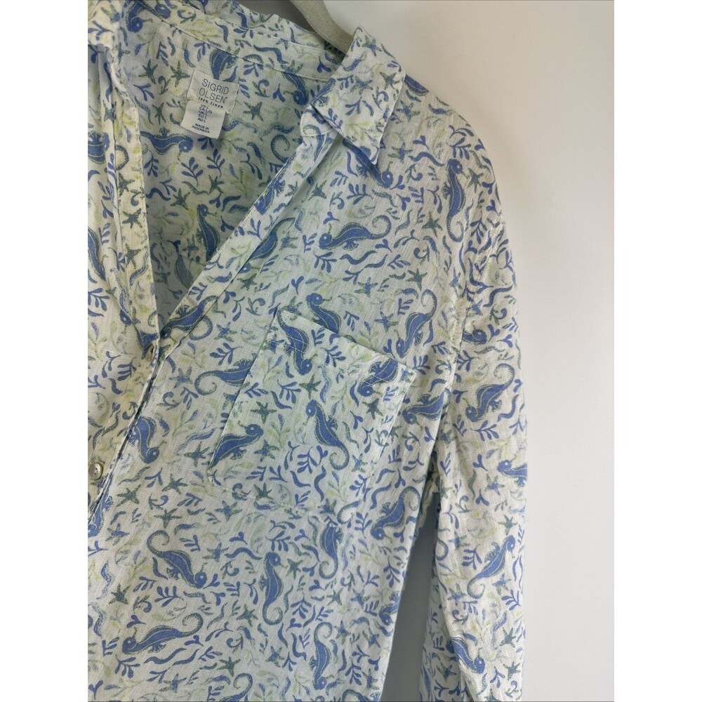 Sigrid Olsen Linen Tunic Shirt Button Down White Blue Seahorse Roll Tab Sleeves - Picture 6 of 11